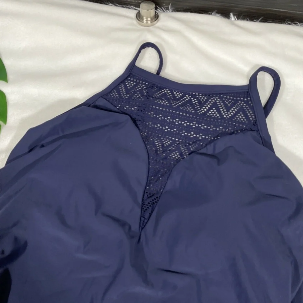 NWT Aqua Green [‎ Plus 20W ] Crochet High Neck One Piece Swimsuit Navy